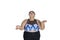 Overweight woman in juggling pose isolated over white background