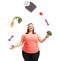 Overweight woman juggling with vegetables, dumbbells and a weigh