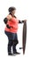 Overweight woman with protective gear and a longboard waiting in