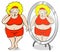 Overweight woman is shocked in front of a mirror