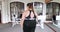 Overweight woman stands at gym and turn around