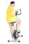 Overweight woman on stationary fitness bicycle