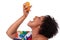 Overweight young black woman drinking orange juice - African people