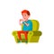 overweight young boy eating donut dessert in living room chair cartoon vector