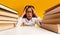 Overwhelmed African Schoolgirl Sitting Between Book Stacks, Yellow Background