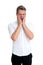 Overwhelmed concept. Man yawning face formal shirt white background. Man tired stressful yawn keep eyes closed. Guy with