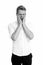 Overwhelmed concept. Man yawning face formal shirt white background. Man tired stressful yawn keep eyes closed. Guy with