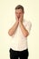 Overwhelmed concept. Man yawning face formal shirt white background. Man tired stressful yawn keep eyes closed. Guy with