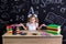 Overwhelmed disappointed schoolgirl sitting at the desk with books, school supplies, holding her both arms with palms