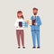 Overworked businesspeople man woman holding folder stack couple overloaded coworkers standing together paperwork concept