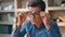 Overworked freelancer sipping coffee workplace closeup. Man taking eyeglasses on