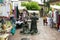 Oviedo, Spain/Europe; 16/07/2019: Assorted clothes in a traditional street market in El FontÃ¡n square, Oviedo, Asturias. Bronze