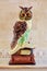 Owl as symbol of wisdom and knowledge. Decorative item, statuette of owl on stack of books