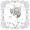 Owl on ax in deck in floral frame coloring page. Cut cartoons monochrome forest bird art design elements stock