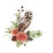 Owl bird floral watercolor illustration. Hand drawn wild nature bird element decor. Brown owl rustic decoration. Wild