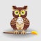 Owl with brush for drawing series of vector illustrations for children`s creativity