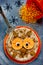 Owl cake. Halloween or birthday party dessert, delicious cream c