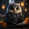 Owl cartoon in fantasy style with a notebook in his hands. A learned wise bird with a book in its paws