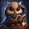 Owl cartoon in fantasy style with a notebook in his hands. A learned wise bird with a book in its paws