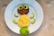 Owl. children dinner. cutlet, mashed potatoes and vegetables