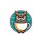 Owl with coffee cup. Green round logo with brown bird and white mug. Cafeteria concept