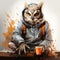 Owl with coffee to go. Illustration Scientist wise bird. nocturnal animal with yellow eyes