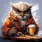 Owl with coffee to go. Illustration Scientist wise bird. nocturnal animal with yellow eyes