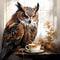 Owl with coffee to go. Illustration Scientist wise bird. nocturnal animal with yellow eyes