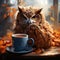 Owl with coffee to go. Illustration Scientist wise bird. nocturnal animal with yellow eyes