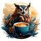 Owl with coffee to go. Illustration Scientist wise bird. nocturnal animal with yellow eyes