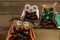 Owl decorated with pine cone and book stack on wooden table