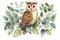 Owl and floral, watercolor hand draw, creative digital illustration painting, vintage style