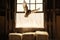 owl flying out of barn window, hay bales underneath