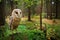 Owl in the forest. Barn owl sitting ongreen mosse stone in forest at the evening - photo with wide lens including habitad. Wildlif