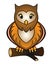 Owl - full color stock illustration. Little cute owl sits on a branch - a picture for children. Brown speckled nocturnal bird for