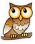 Owl - full color stock illustration. A small big-headed owl with big eyes sits on a branch - a picture for children. Brown speckle