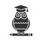 Owl in graduation cap on pencil glyph icon