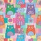 Owl hand wing symmetry square colorful seamless pattern