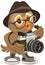 Owl hipster in hat and sunglasses holding retro camera. Bird photographer