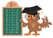 Owl math teacher shows multiplication table 6. Math lesson in elementary school