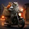 Owl night takeaway food delivery man. A bird on a moped delivers dinners. Illustration for business