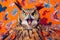 owl in an orange shirt, in the style of bold fashion photography