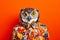 owl in an orange shirt, in the style of bold fashion photography