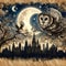 An owl, an ornate tree branch, a cityscape, moonlit, on ancient crumpled paper.