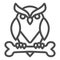 Owl perched on bone line icon, halloween concept, owl and bone sign on white background, scary bird icon in outline