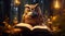 Owl reading book at home at night.