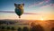 An owl-shaped hot air balloon drifting over a picturesque countryside
