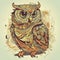 an owl is sitting on a branch with a pattern on it\\\'s body and a large, ornate, yellow, brown, and orange owl - colo