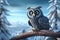 Owl sitting on a branch in the winter forest. 3d render, 3d cartoon illustration of a great grey owl in the winter, AI Generated