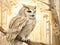 The owl stands gracefully amidst a sunlit forest, its feathers adorned in delicate shades of cream, pale beige, and subtle gold.